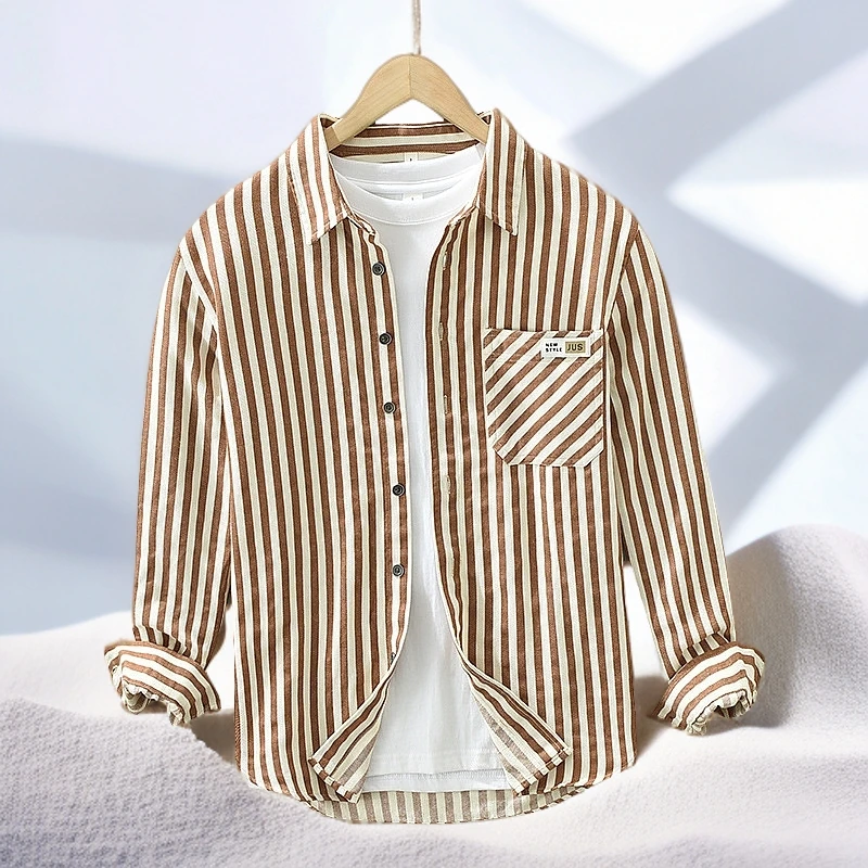 日系休闲长袖衬衫男士条纹男士休闲通勤打底宽松高级质感亚麻衬衣