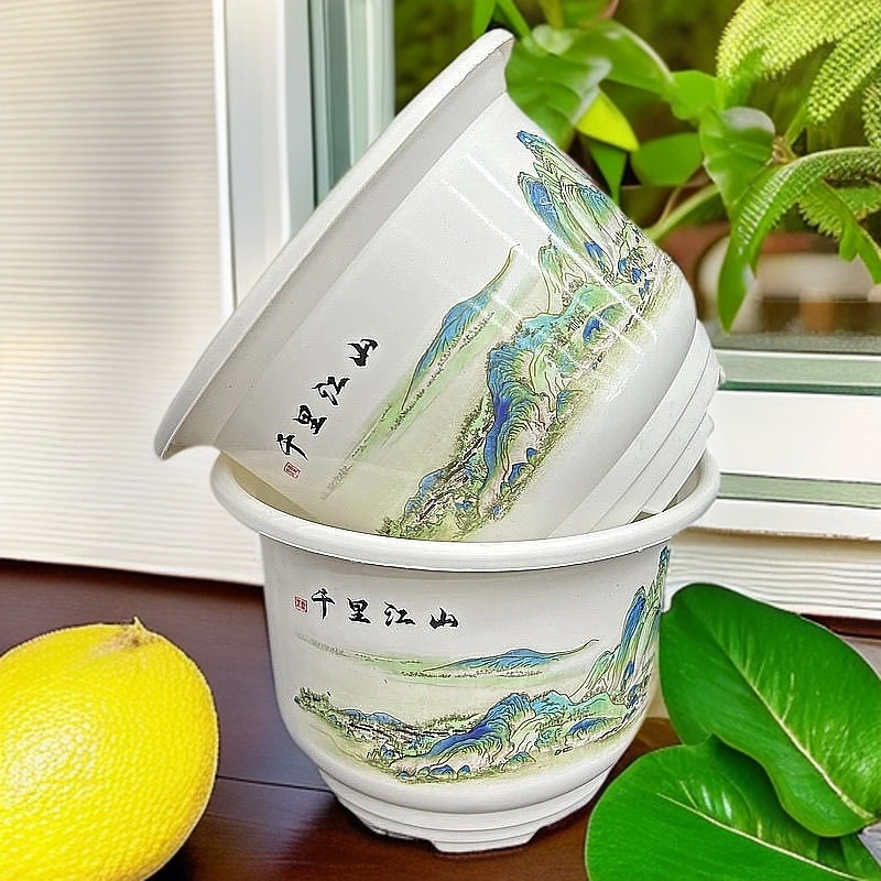 3个加厚230白千里江山花盆（口径23高16）带托盘