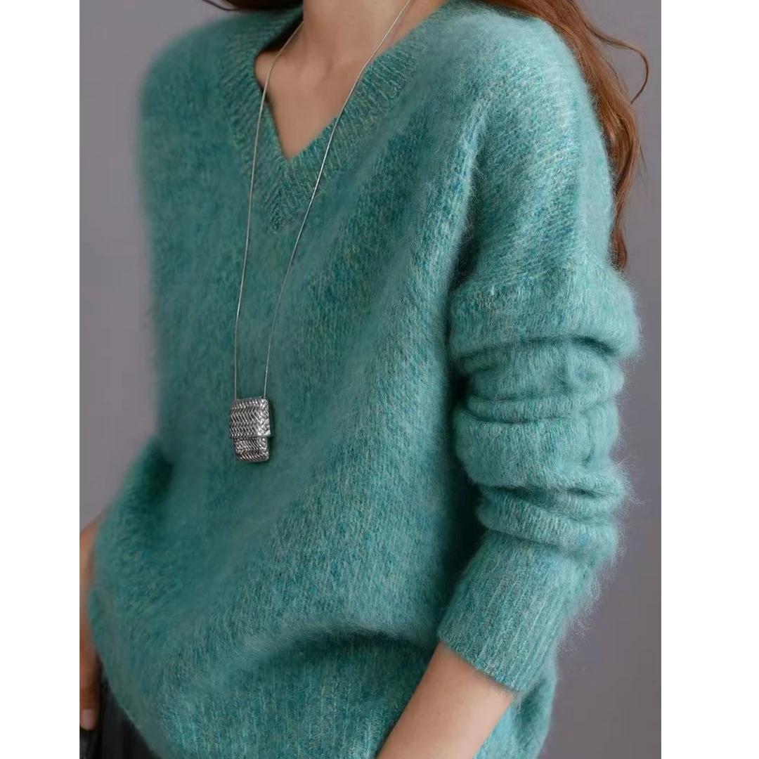 V领花纱加厚拉毛毛衣