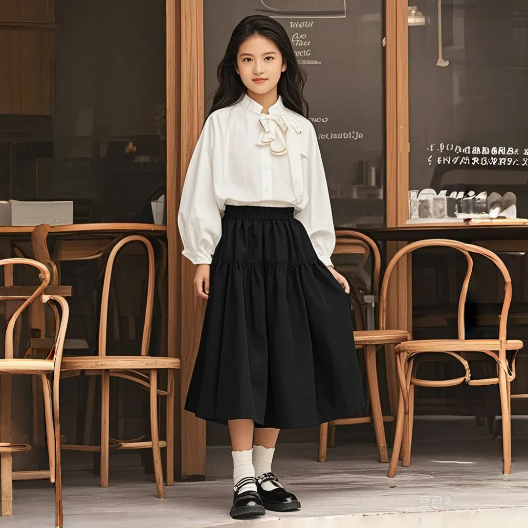 女童白色立领衬衫2025中大童长袖开衫中小学生薄款纯棉春装衬衣潮