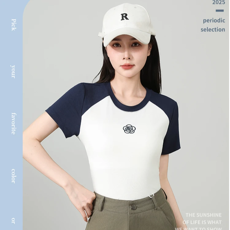 【新款上市】专柜品质！7A抑菌+胶原蛋白圆领撞色插肩山茶花刺绣短袖