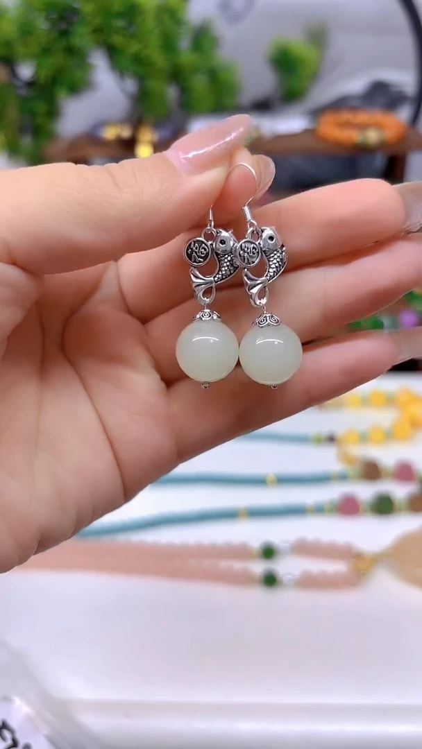 和田玉（白玉）银S925镶嵌耳饰E783