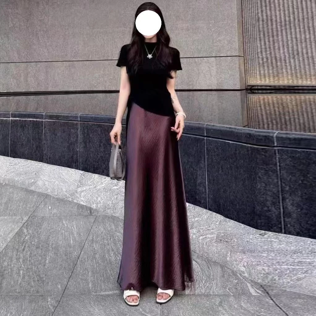 新款垂感丝滑珠光缎面半身裙2025秋冬复合气质修身显瘦中长裙669#