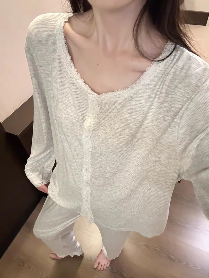螺纹花边睡衣女春秋季新款长袖长裤圆领宽松开衫休闲两件套家居服