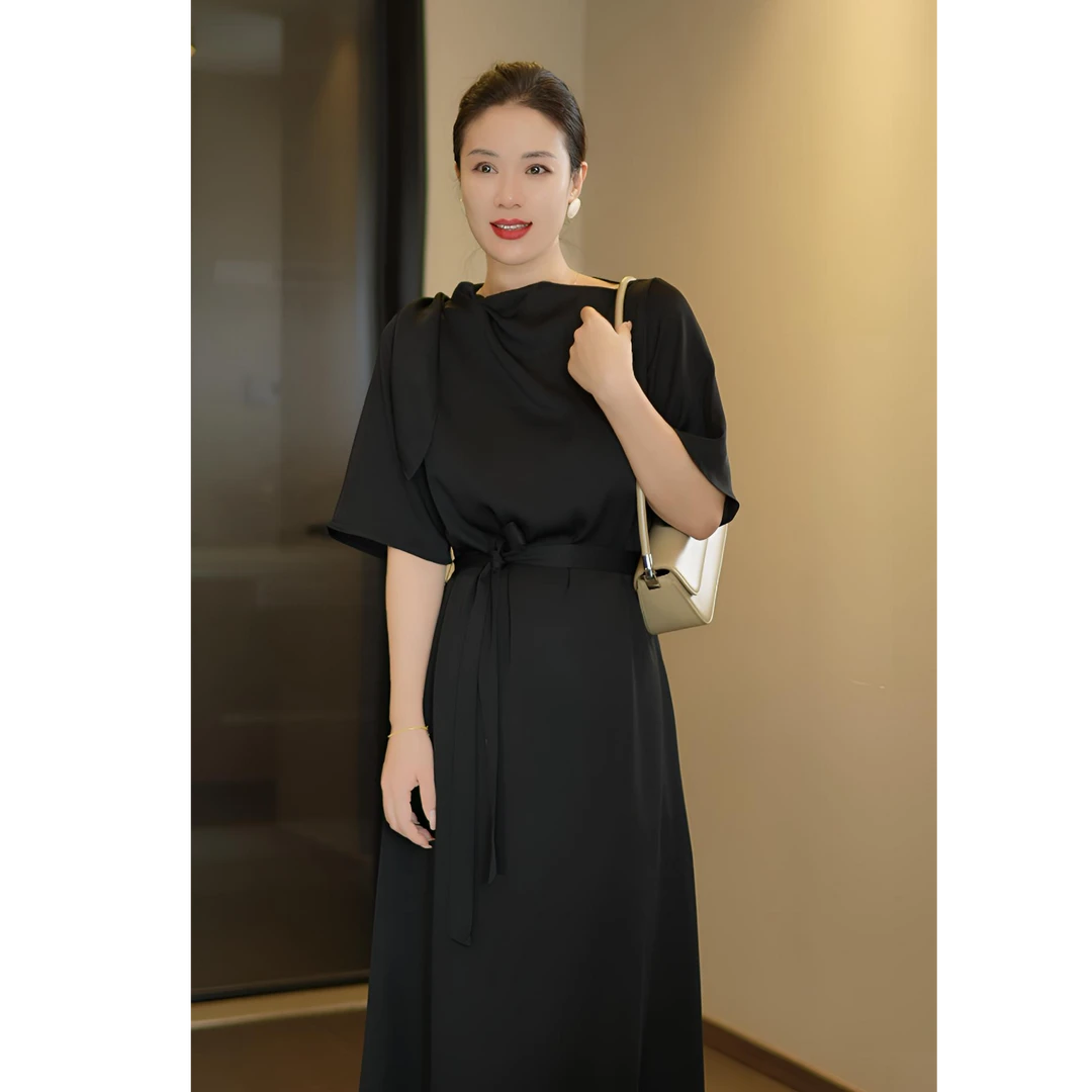 【大妍女装】花瓣领气质醋酸连衣裙