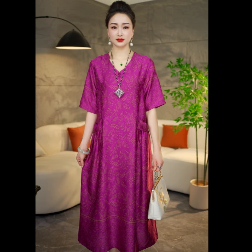 【金枝玉叶】夏季短袖系带优雅连衣裙中长款女装V领显瘦长裙7768款