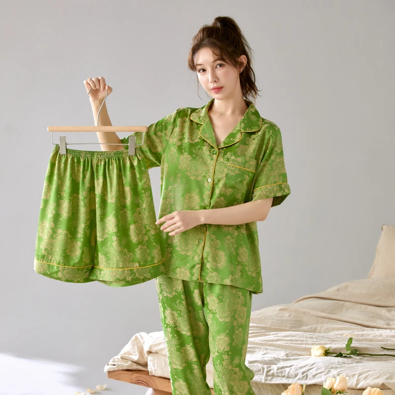 达芬奇密码2025新款粉黛花澜短袖三件套宽松透气睡衣女气质家居服