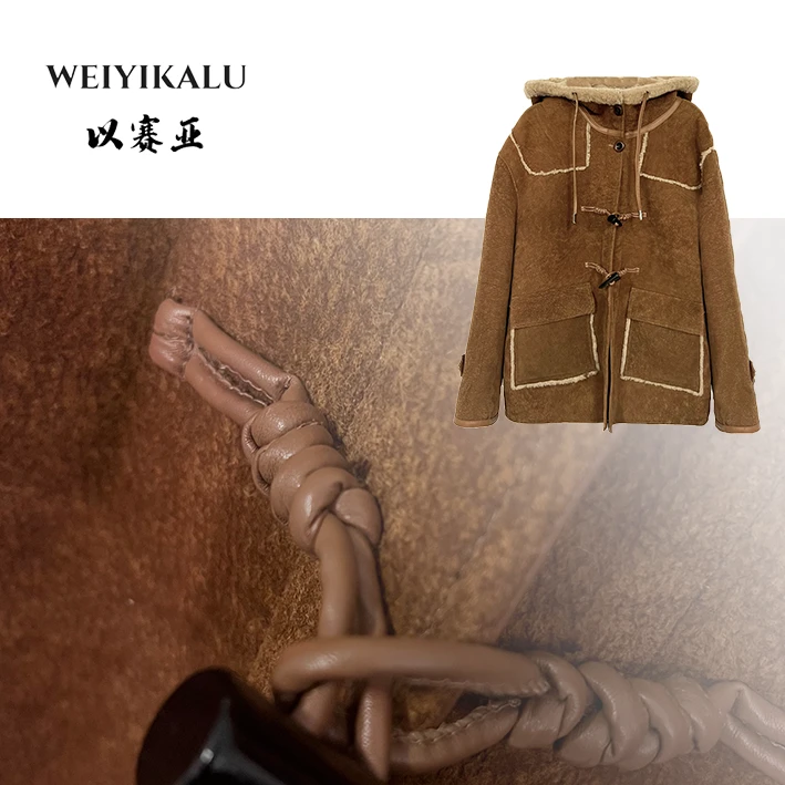 以赛亚 四重奏 25年LMT皮草女士牛角扣连帽中长皮毛一体外套8095