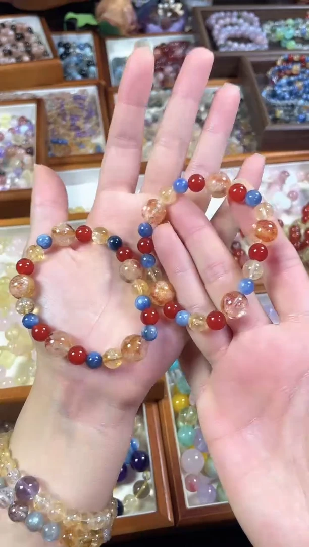 未镶嵌手串水晶敦煌】闪灵红胶花蓝晶石红玛瑙手串