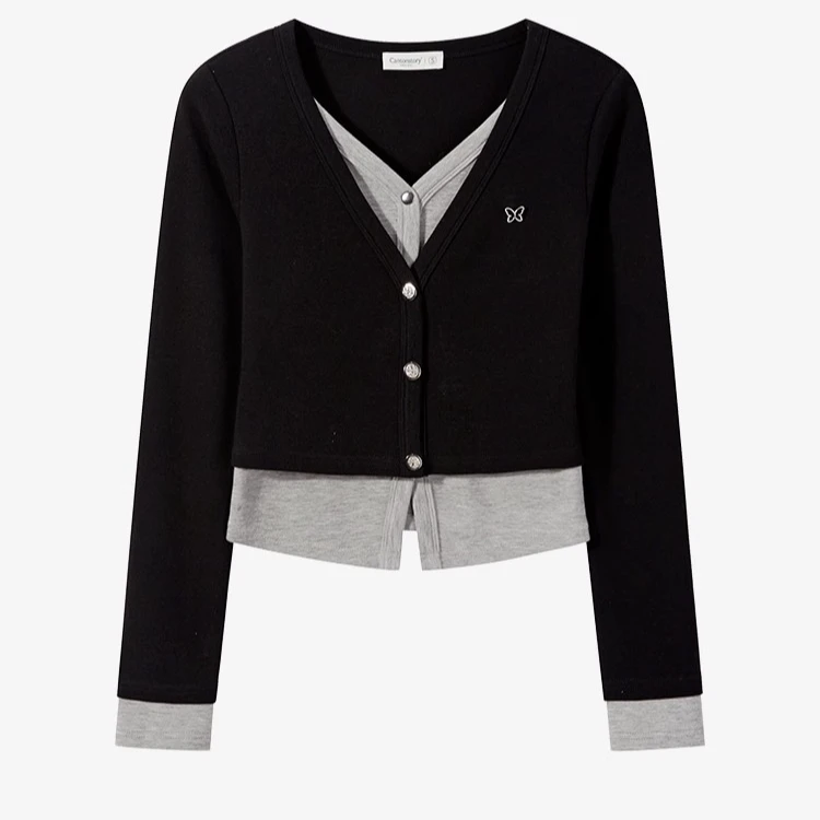 羊城故事-黑色假两件V领针织上衣修身显瘦内搭长袖上衣Y50148364