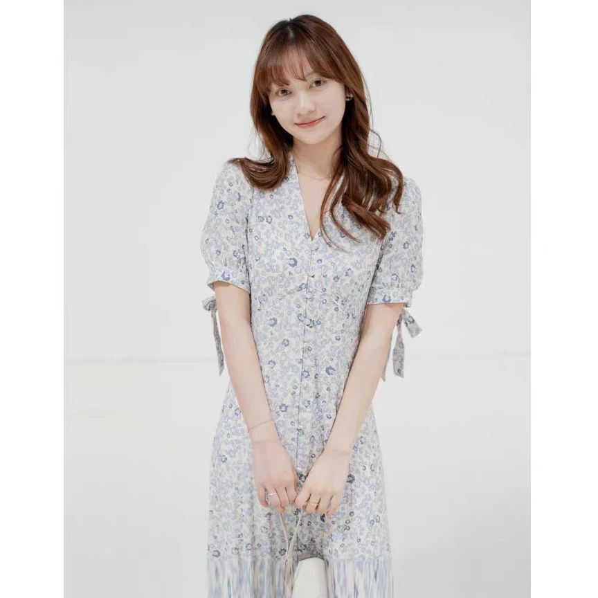 『摸鱼日单』LB新款复古印花V领收腰短袖连衣裙