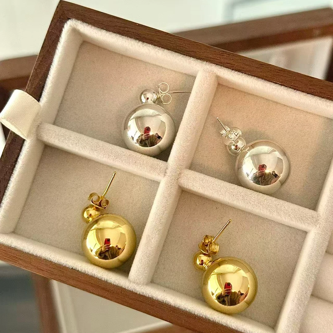 925银手链 925银耳饰 E1014 简韩大球耳钉手工气质百搭小众简约