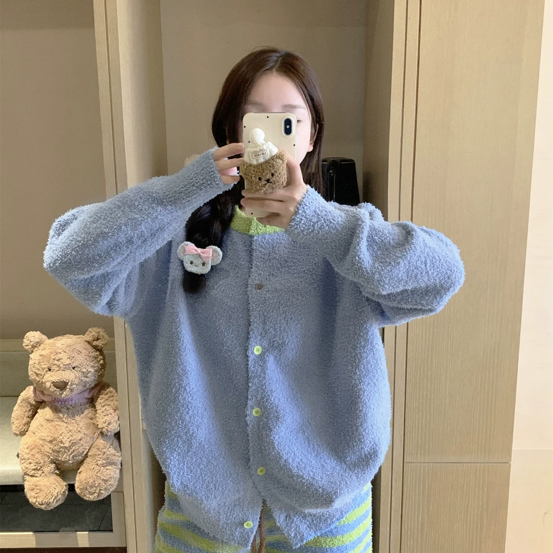 爆款韩版撞色半边绒睡衣女款冬季2025新款秋冬加厚条纹家居服毛绒