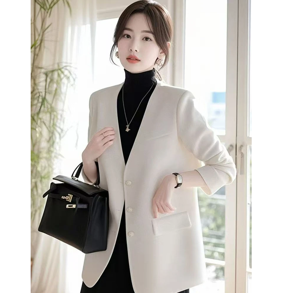 时尚气质名媛风白色V领长袖西装外套女春秋款高级感通勤职业西服