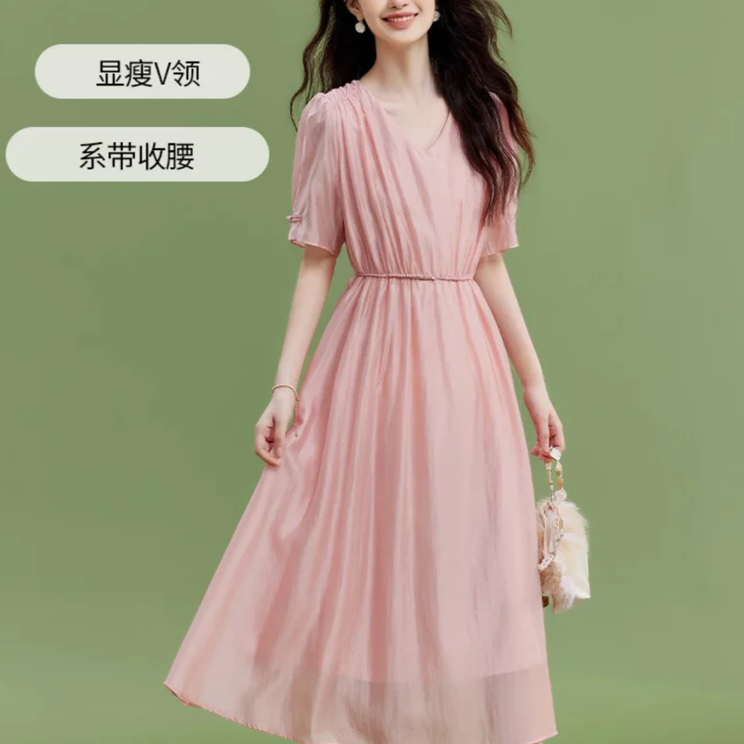 499气质时尚系带粉色仙女裙法式V领过膝中长款显瘦连衣裙大摆优雅
