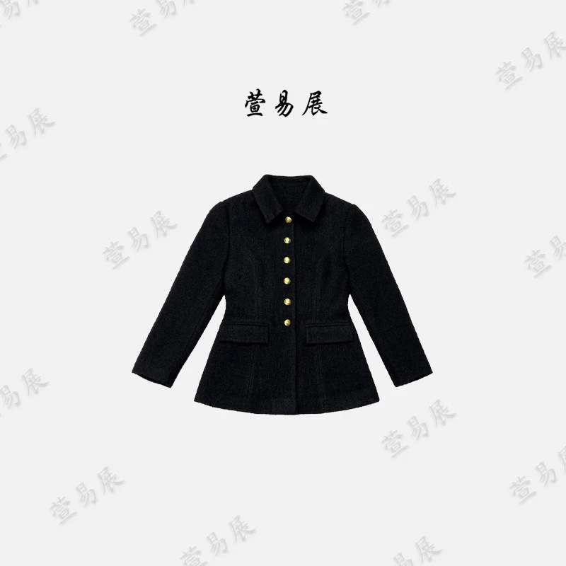 萱易展-“黑金赫拉”羊毛肌理感小金扣收腰显瘦外套-WT091804