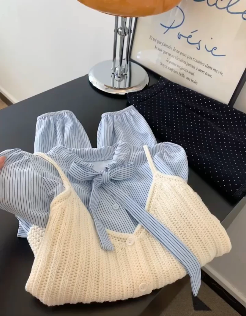 韩系气质时尚百搭蝴蝶结系带条纹衬衫针织背心马甲叠穿两件套女