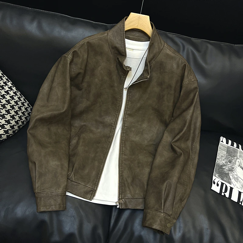 卢密洛布登潮牌机车美式龟裂纹做旧pu皮衣外套秋季宽松休闲夹克男