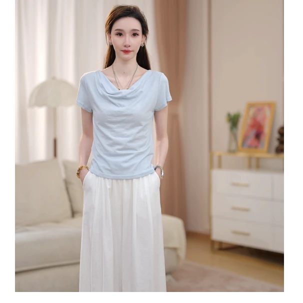 【海盐冰蓝】马克华菲女装夏季欧若风气质设计感短袖上衣FW25H198