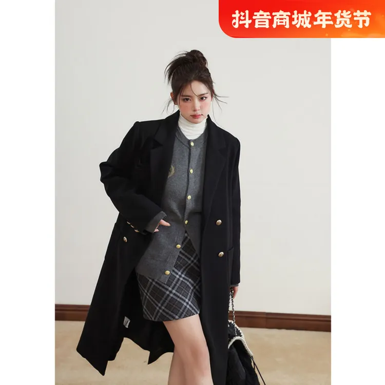 2024新款秋冬高级感毛呢外套黑色呢子大衣女小个子冬天中长款气质