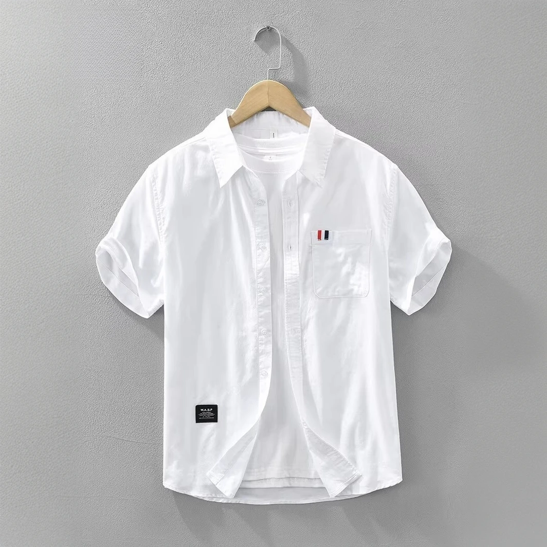 色织带装饰！舒适高级感！夏季日系复古薄款纯棉牛津纺短袖衬衫男