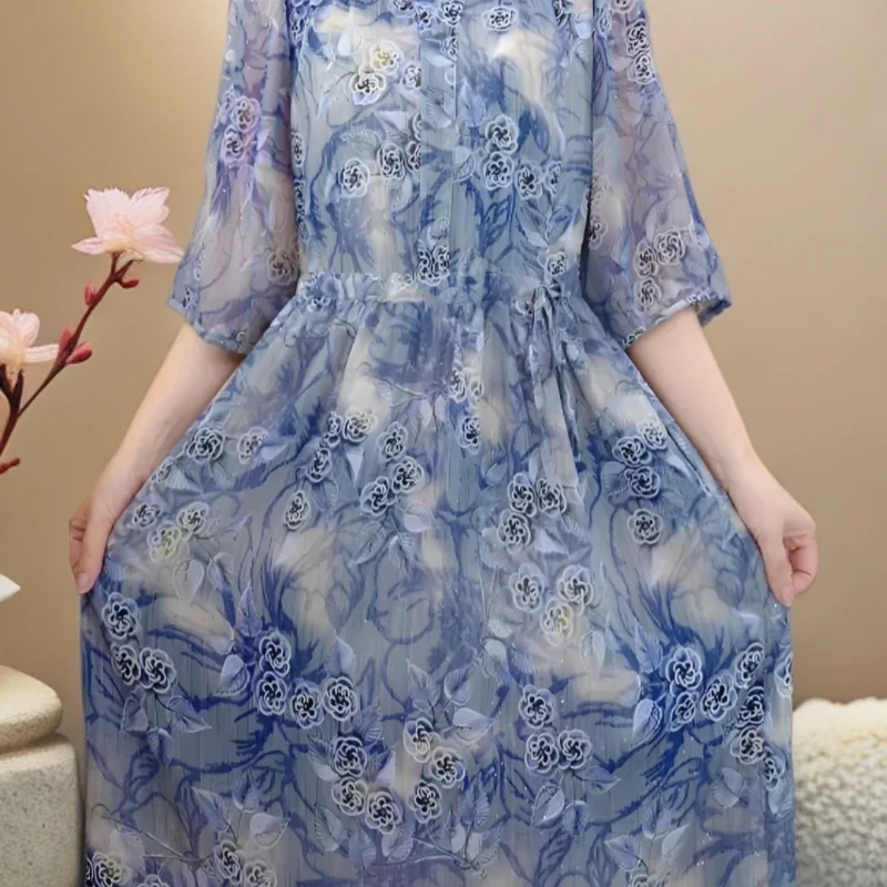 【青花梦境】25新款高级夏季气质连衣裙时尚显瘦中长款裙子6332