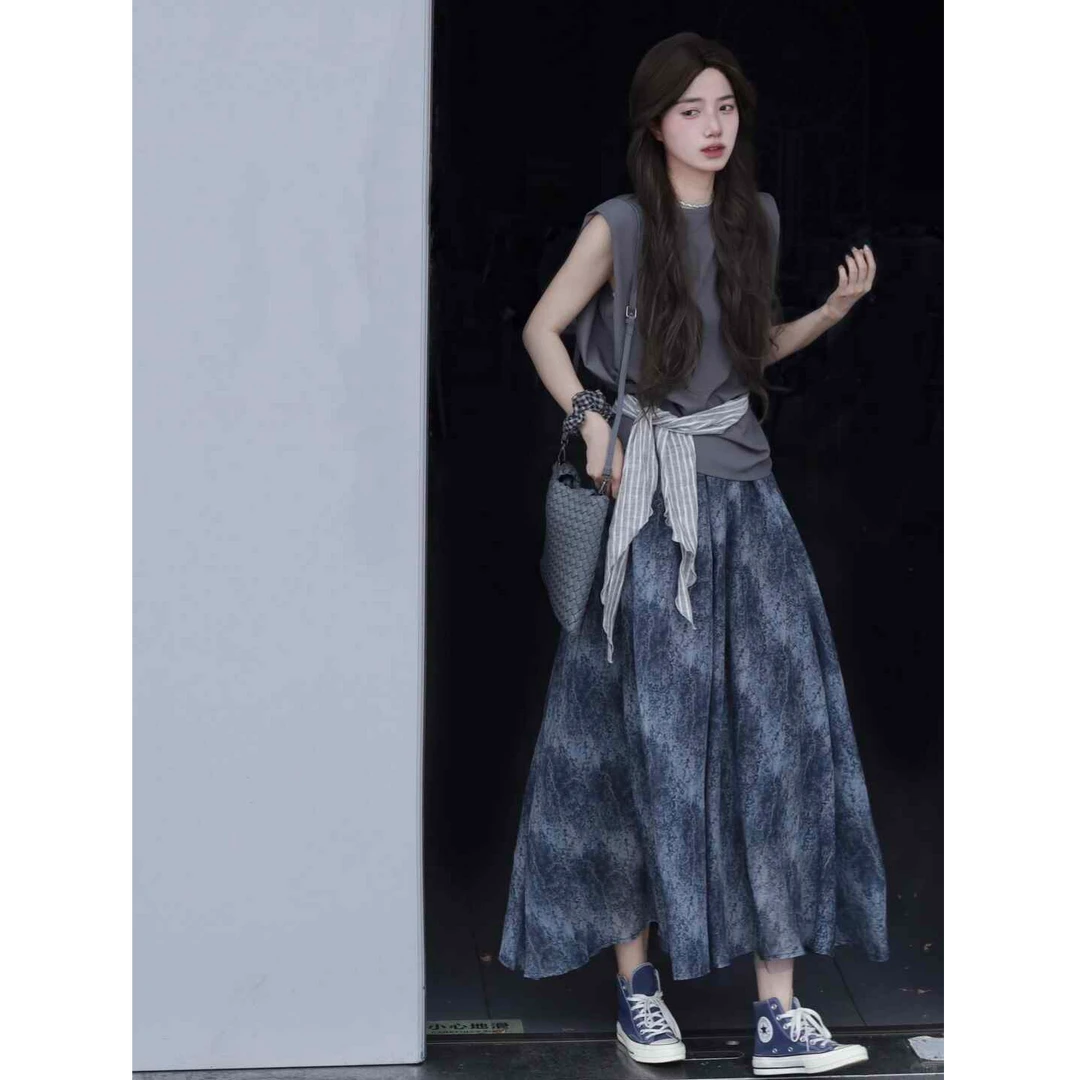 韩系系带收腰无袖坎肩上衣女2025夏季新品纯色宽松衬衫半身裙套装