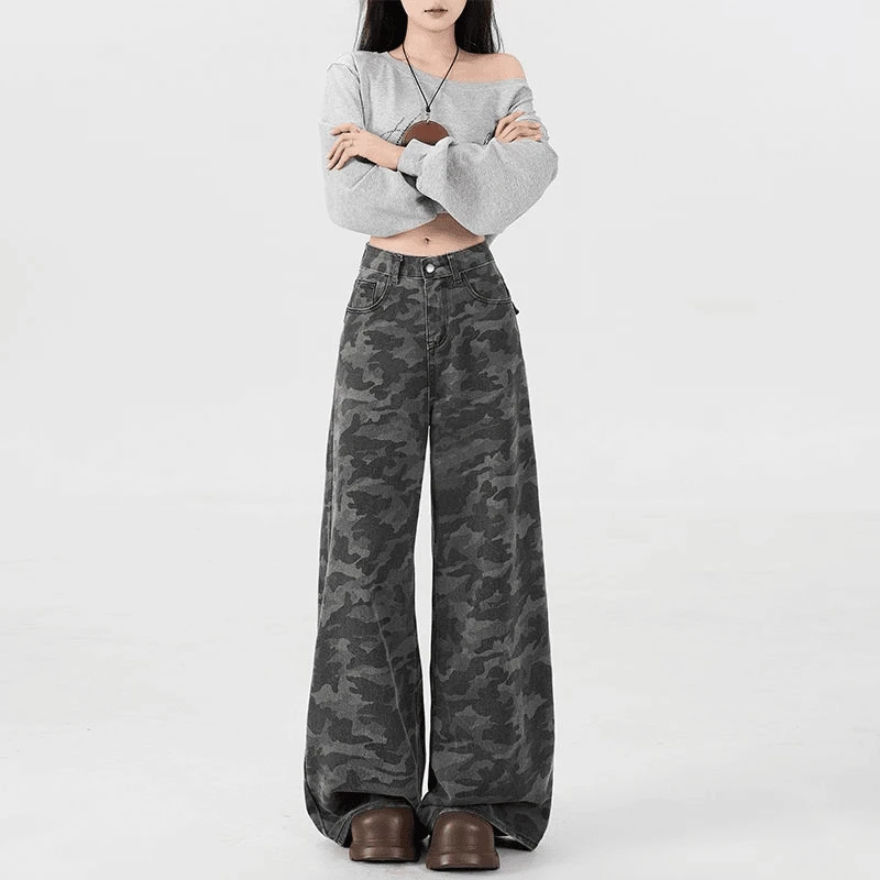 时尚慵懒风女高腰夏季迷彩宽松牛仔裤宽松显瘦长裤小众裤子迷彩裤