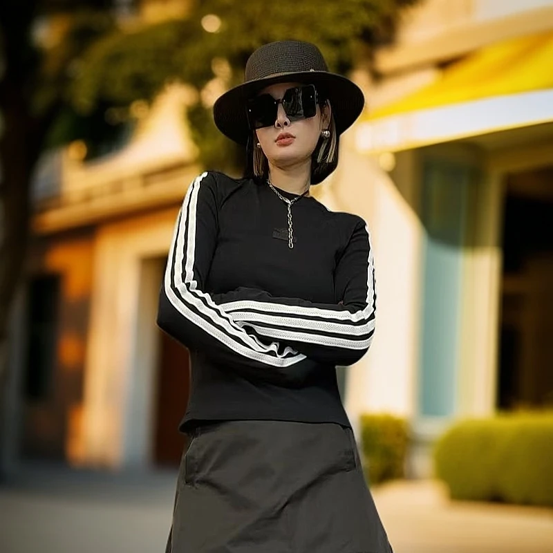 仙姐姐立领修身时尚T恤女子圆领条纹套头