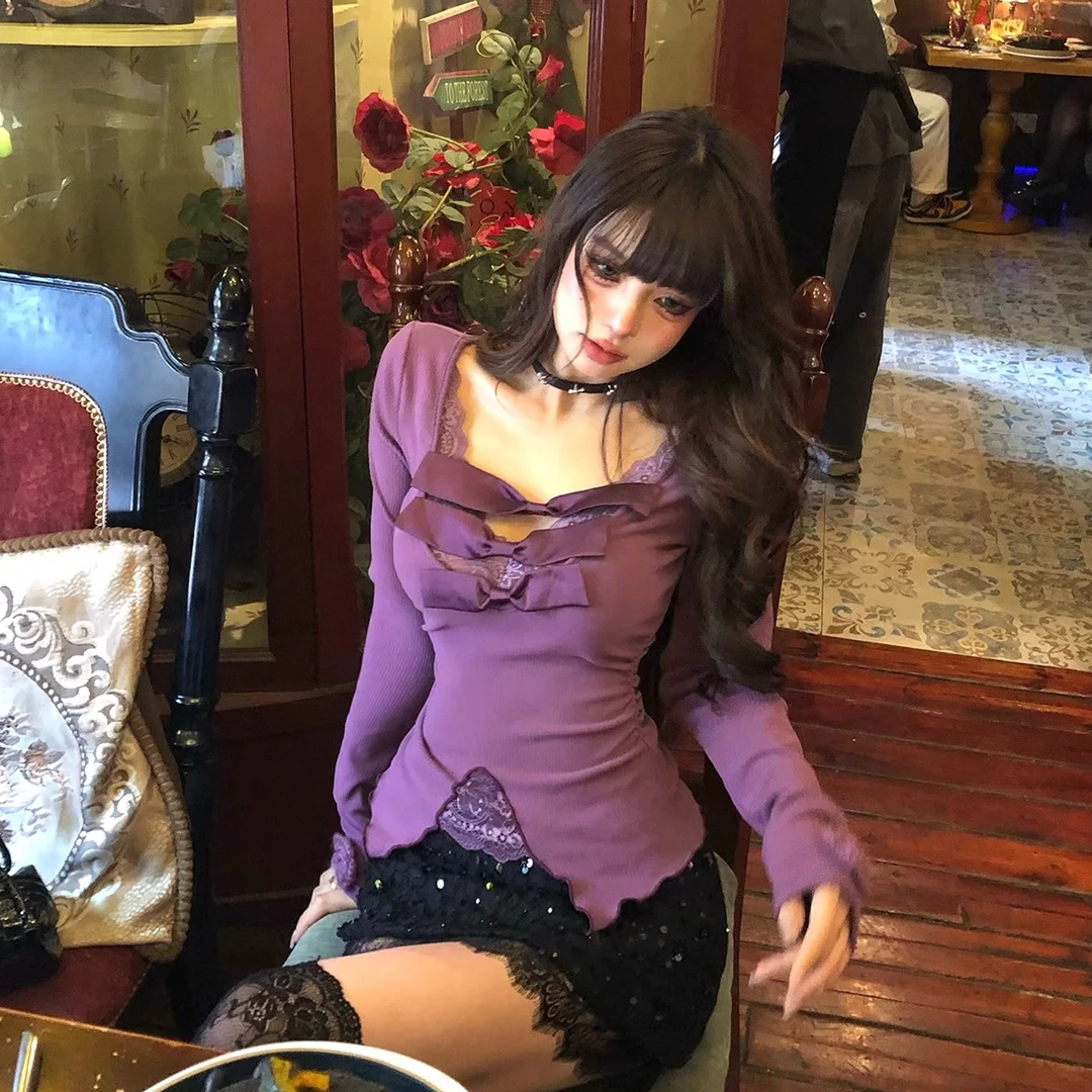 紫色纯欲辣妹修身长袖显瘦辣妹短款不规则T恤上衣打底衫女秋冬季