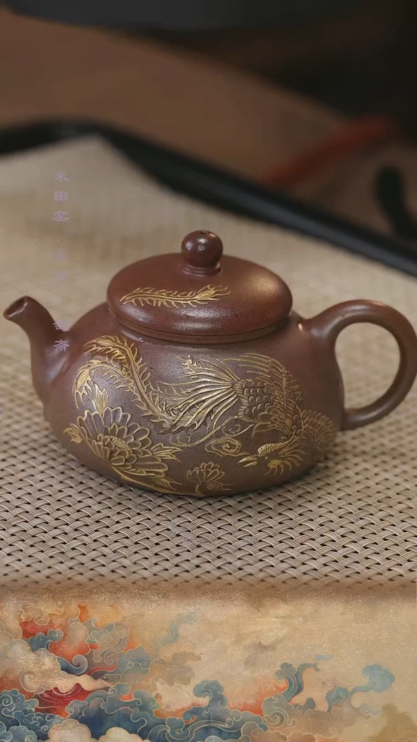 茶壶紫砂宜兴紫砂柴烧壶胭脂红凤穿牡丹