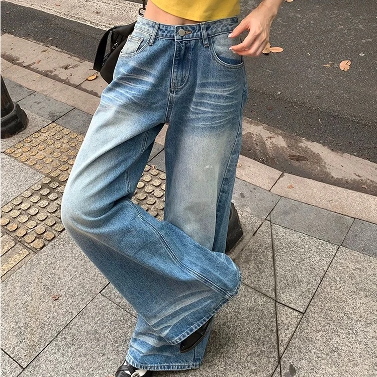 美式复古阔腿牛仔裤女2025新水洗蓝宽松显瘦垂感直筒拖地裤AM2640