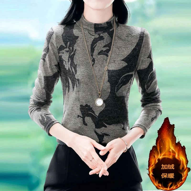 秋冬新款加绒保暖长袖打底衫女士韩版时尚印花内搭外穿显瘦小衫潮