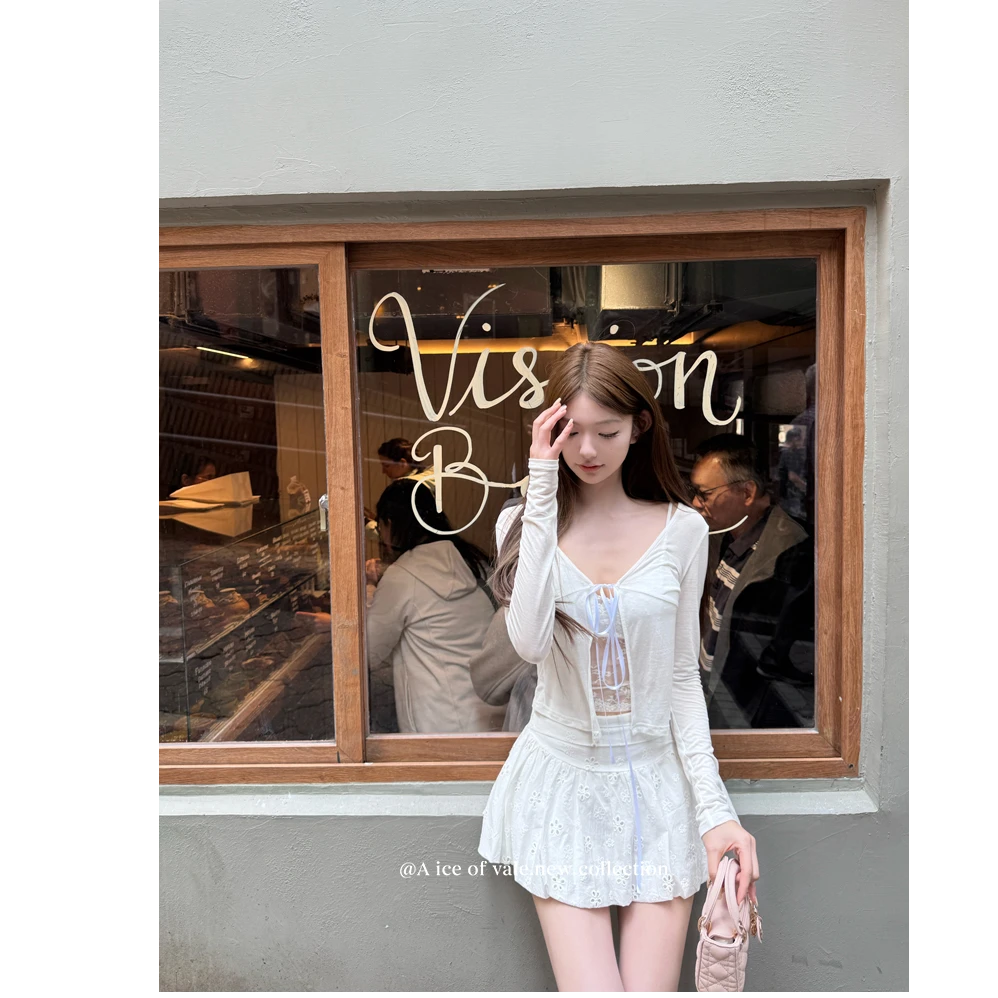 《桔梗曼步》法式时尚气质性感吊带上衣开衫女白色花苞半身短裙套装