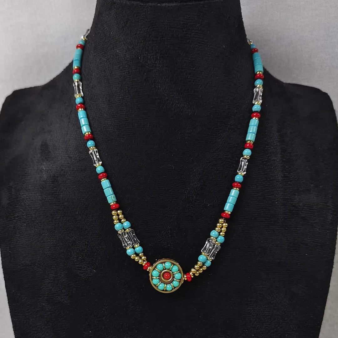 铜合金琉璃项链 尼泊尔手工编织锁骨链女复古民族风小众设计配饰
