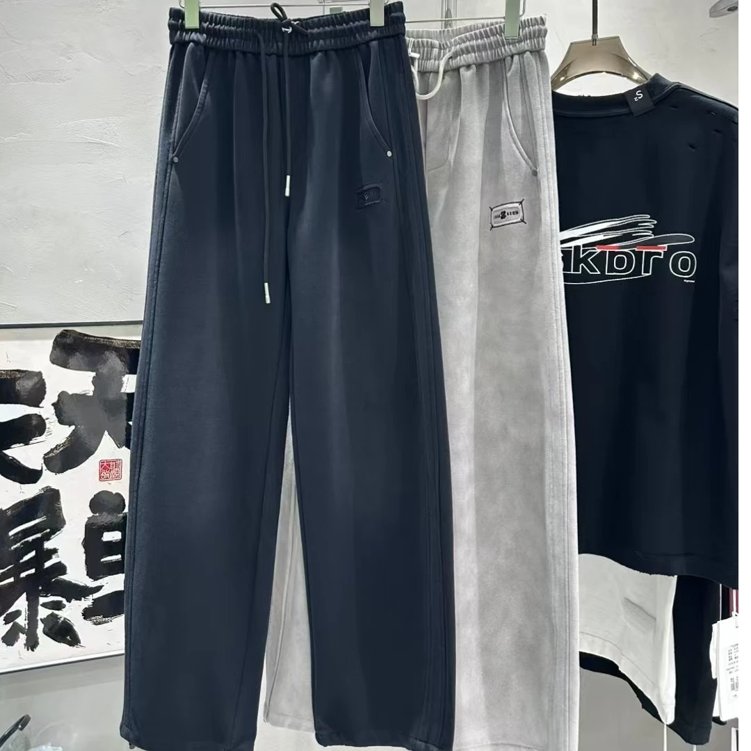 782重磅水洗做旧直筒卫裤男潮牌美式高街条纹垂感宽松运动休闲裤