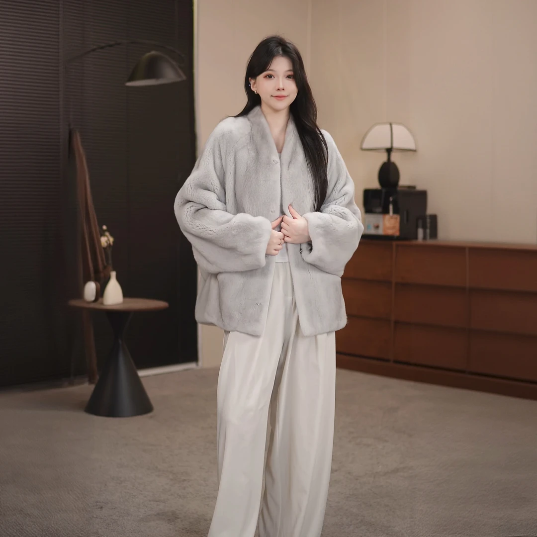 【赫拉女神】进口貂皮大衣女蝙蝠袖水貂皮草外套时尚年轻款慵懒风