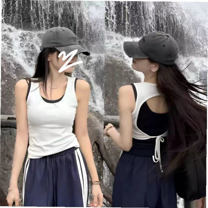 休闲纯欲风辣妹风法式背心吊带假两件后背镂空运动夏季新复古112