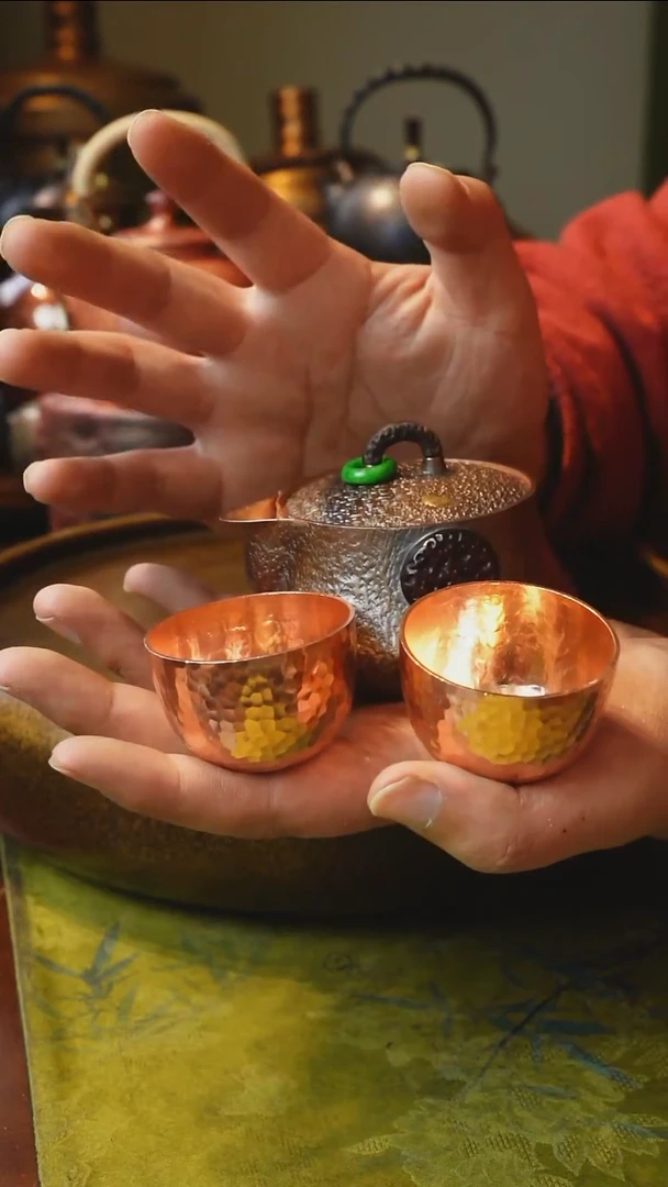 纯紫铜诧寂风手抓壶带两杯