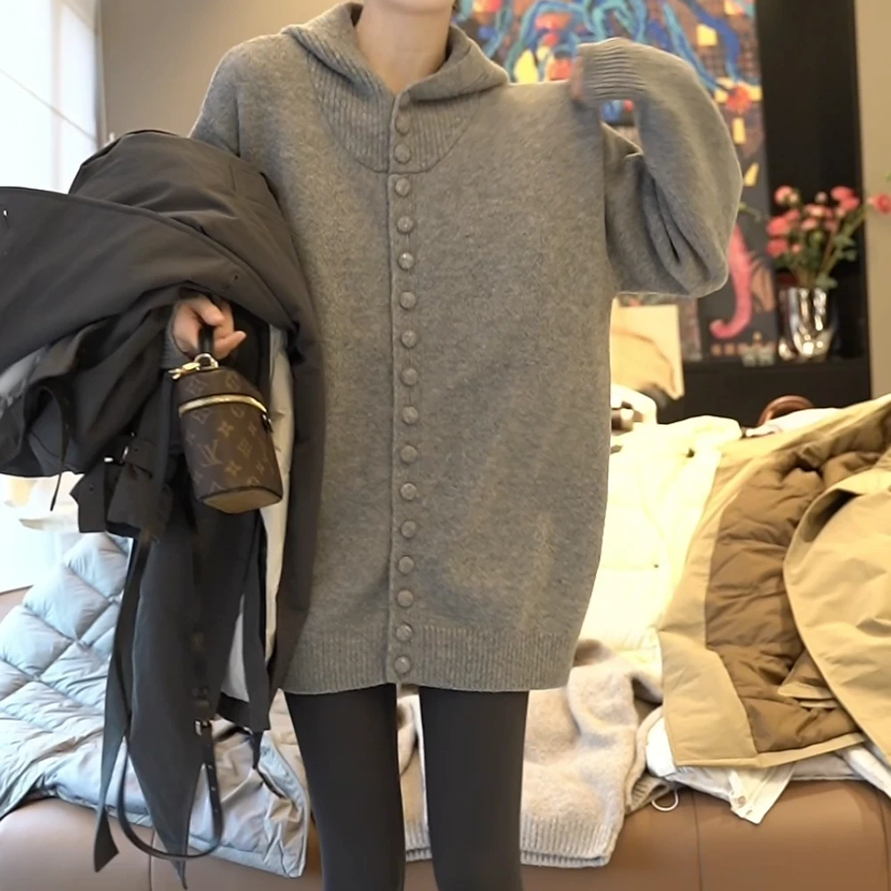 冬装上新韩版灰色中长款宽松百搭连帽毛衣慵懒风洋气针织外套女