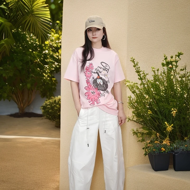 Miss D'Luxe【董小姐】2025夏季新款欧货时尚圆领趣味涂鸦宽松T恤