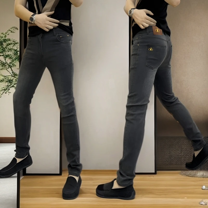 灰色男士牛仔裤秋冬厚款时尚弹力百搭修身直筒裤轻奢商务休闲裤男