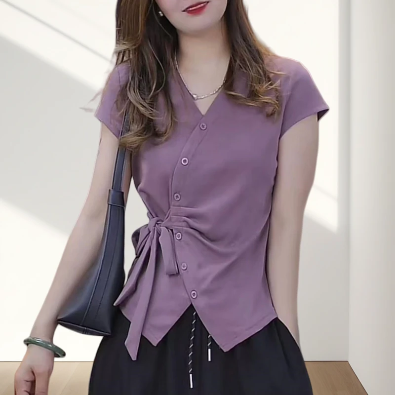 夏季新款时尚百搭修身显瘦上衣法式V领不规则侧边绑带纯色短袖T恤