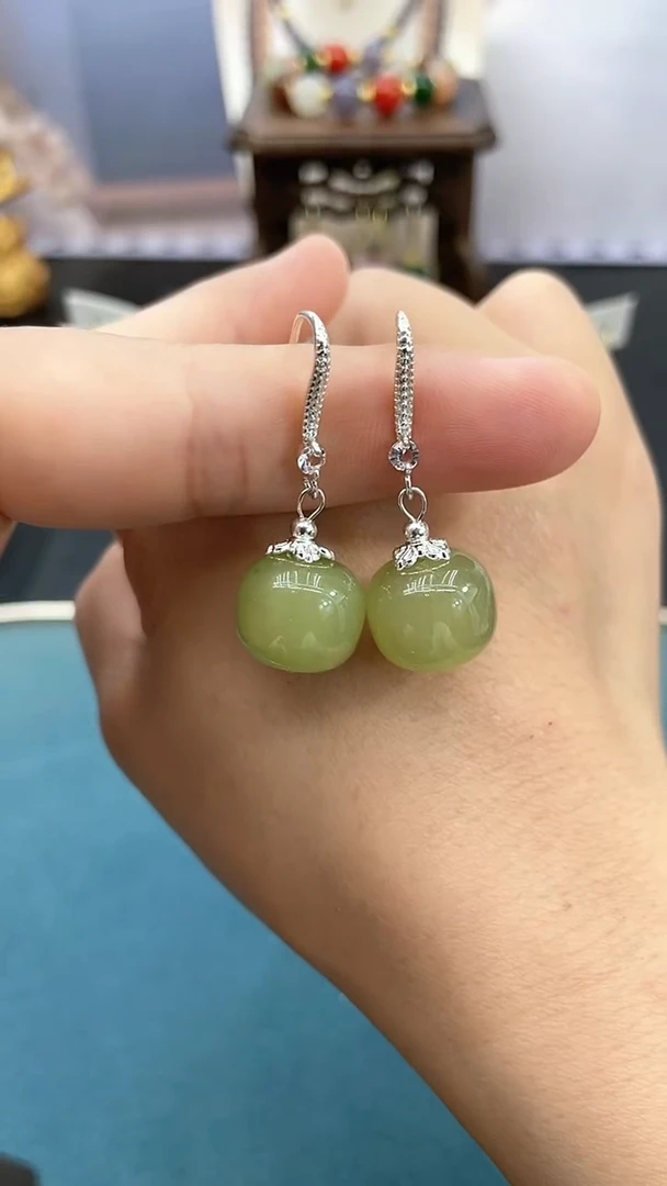 和田玉银S925镶嵌耳饰14mm晴水耳钩*YY