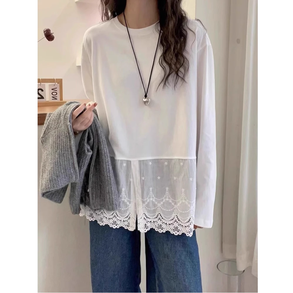 下摆开叉拼接蕾丝花边长袖t恤女秋冬季洋气内搭中长款白色打底衫