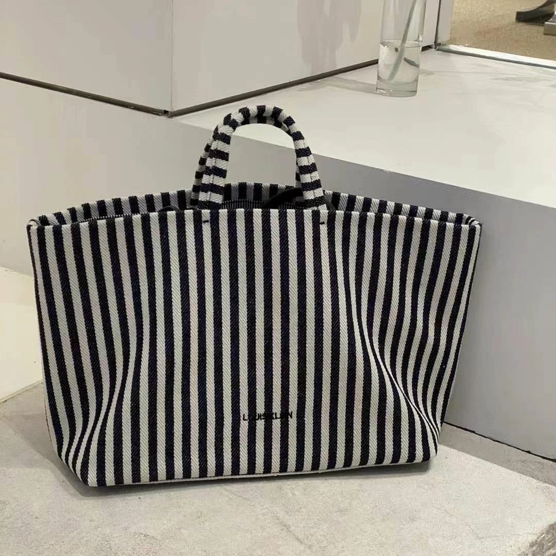 2025新款大容量条纹帆布包包女手提托特包百搭休闲慵懒风单肩包潮