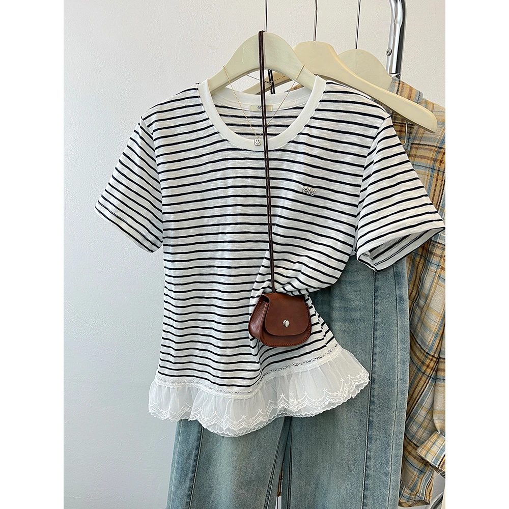 条纹假两件短款短袖t恤女夏季2025新款独特设计感小众蕾丝边上衣