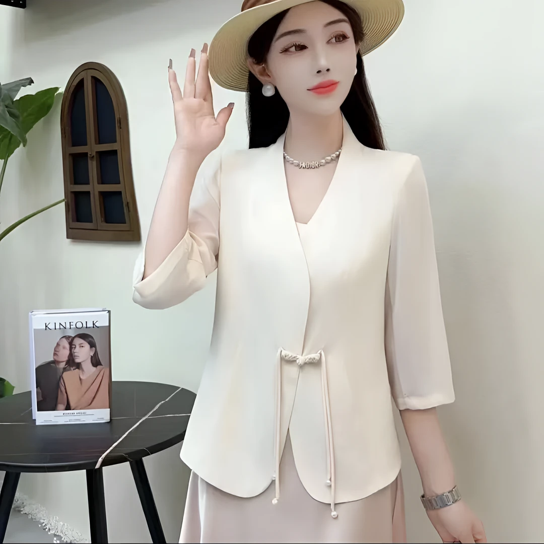 中式缎面盘扣雪纺西服外套显瘦气质修身七分袖防晒上衣880-2