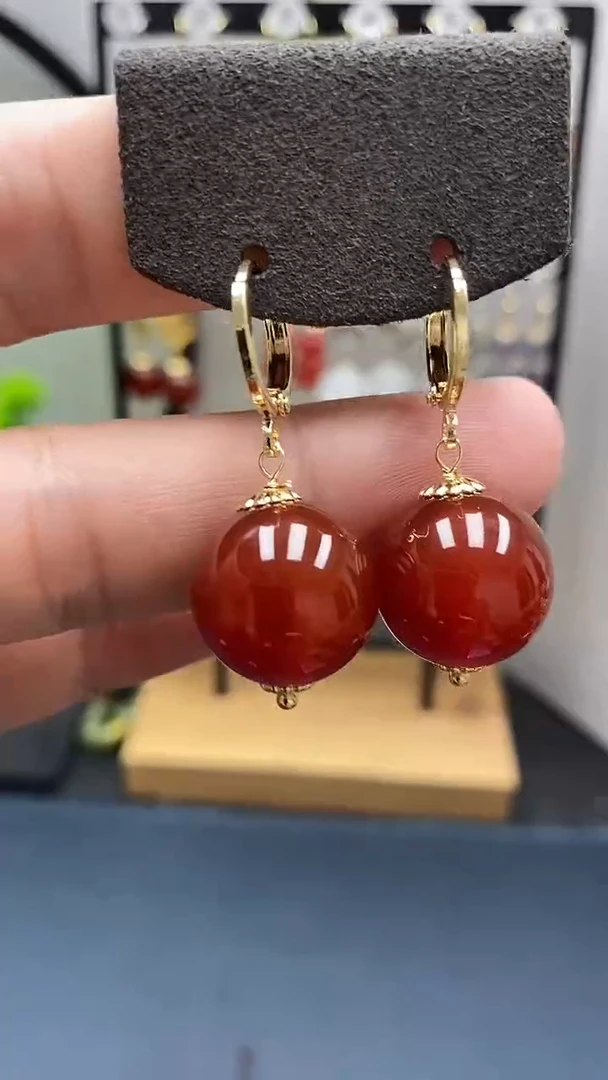 南红玛瑙银S925镀金镶嵌耳饰尺寸16mm耳扣66