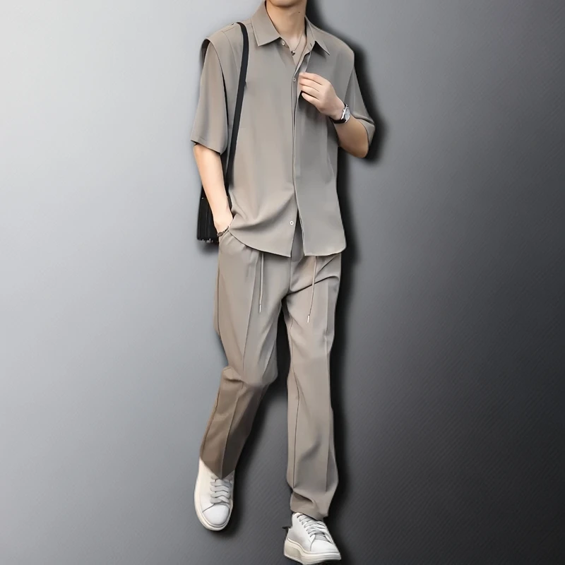 高级垂感冰丝短袖衬衫男士套装2025新款夏季轻熟风搭配两件套男款